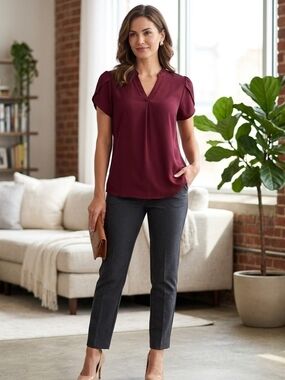Women's V-Neck Puff Sleeve Blouse - Burgundy